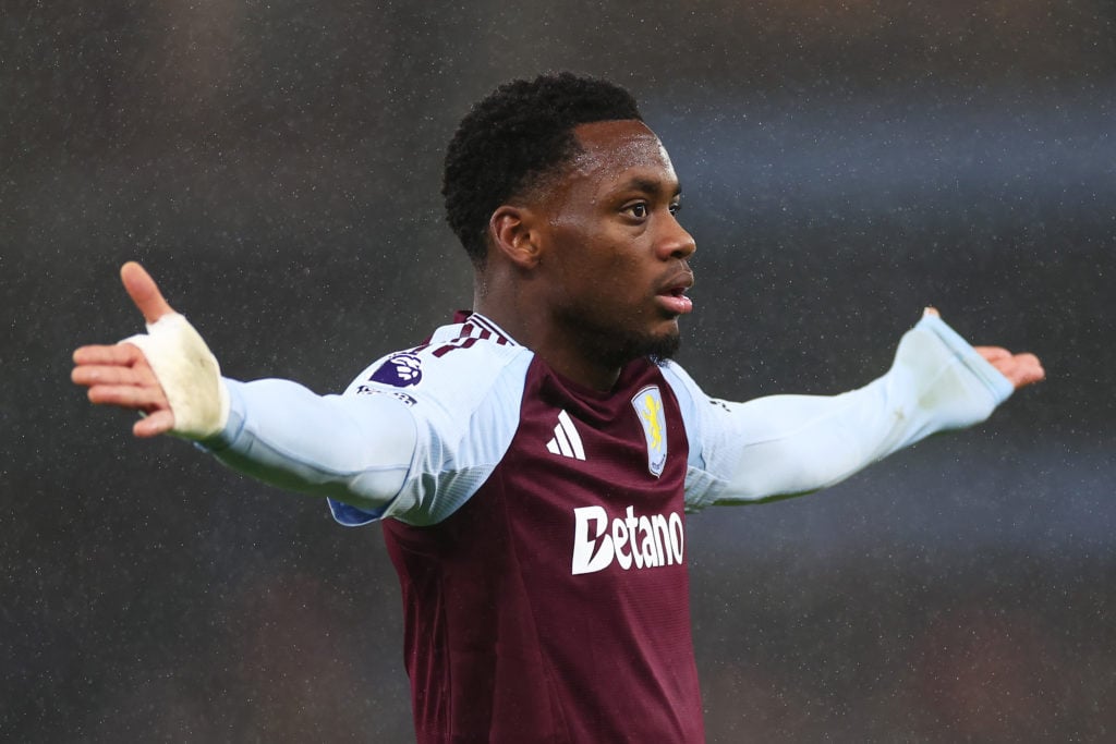 Jhon Duran of Aston Villa reacts during the Premier League match between Aston Villa FC and Crystal Palace FC at Villa Park on November 23, 2024 in...