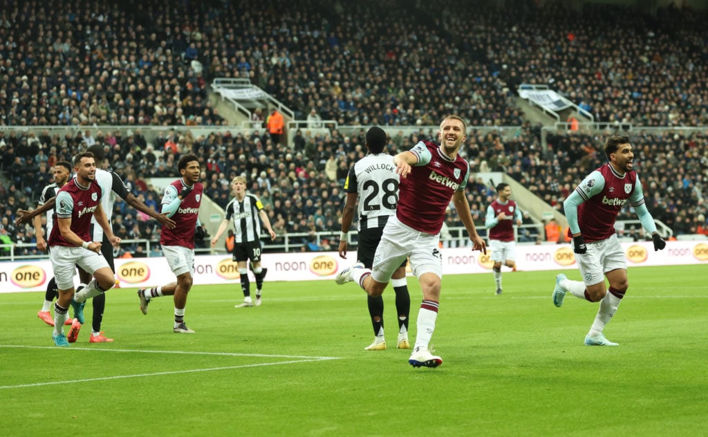 Tomas Soucek of West Ham United celebrates scoring his team's first goal during the Premier League match between Newcastle United FC and West Ham U...