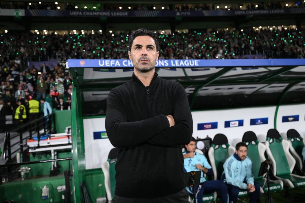 Mikel Arteta, Manager of Arsenal, looks on prior to the UEFA Champions League 2024/25 League Phase MD5 match between Sporting Clube de Portugal and...