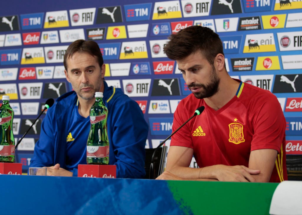 Julen Lopetegui and Gerard Piqu during the press conference before the qualifying match for the World Cup 2018 between Italia  v Spagna, in Turin, ...