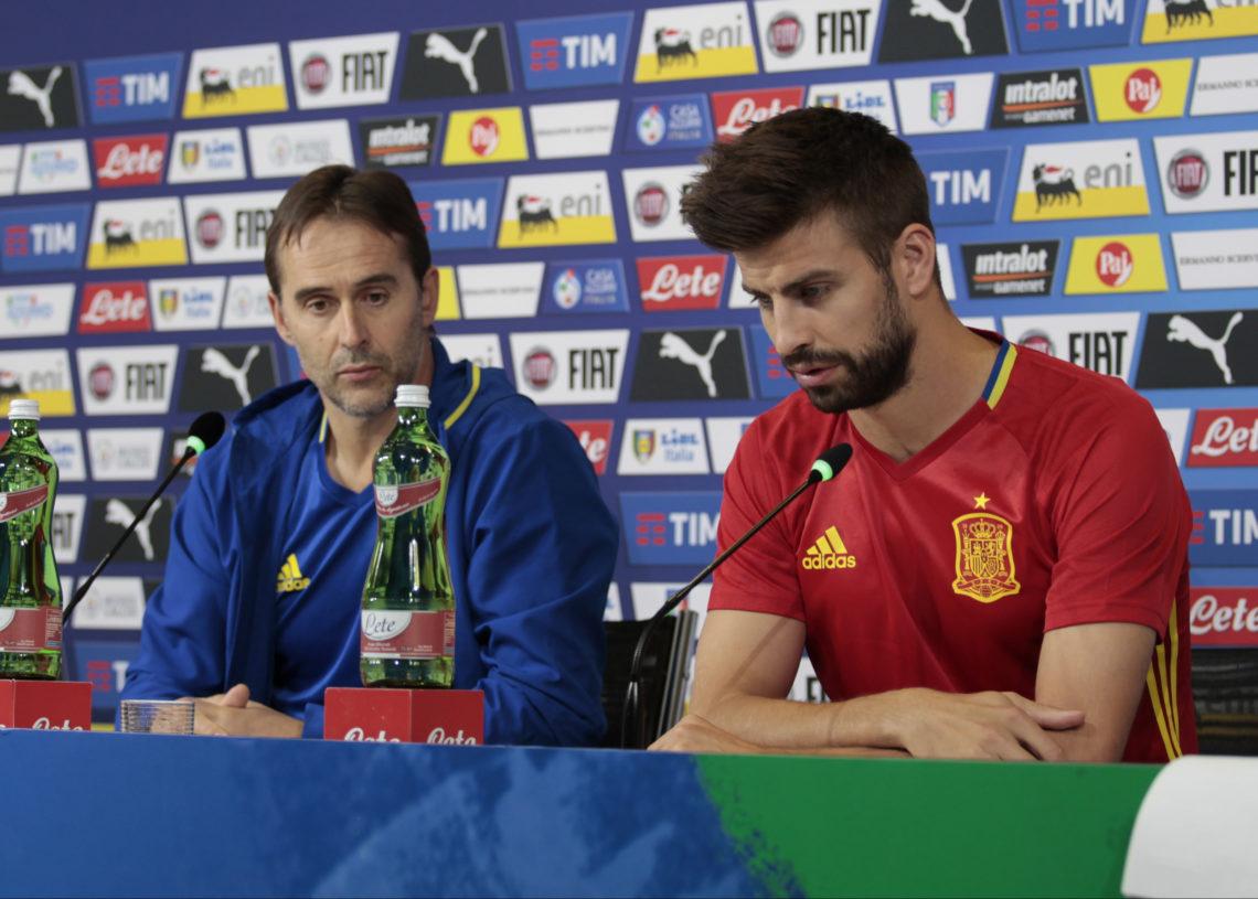 Julen Lopetegui and Gerard Piqu during the press conference before the qualifying match for the World Cup 2018 between Italia v Spagna, in Turin, ...