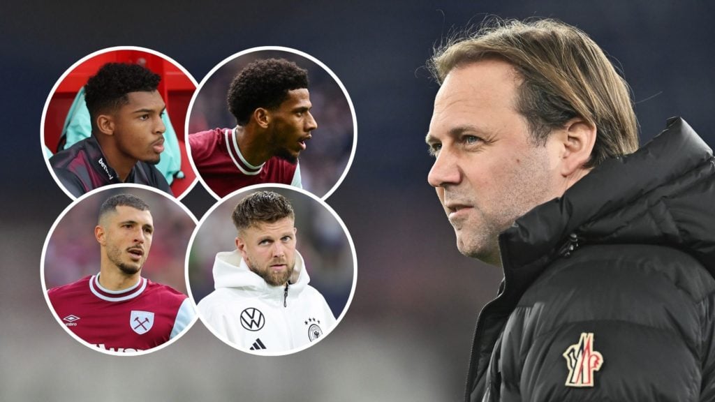 Tim Steidten technical director of West Ham United during the Premier League match between West Ham United and Brentford FC at London Stadium on February 26, 2024 in London, England. Inset, Luis Guilherme, Niclas Fullkrug, Jean-Clair Todibo, and Guido Rodriguez.