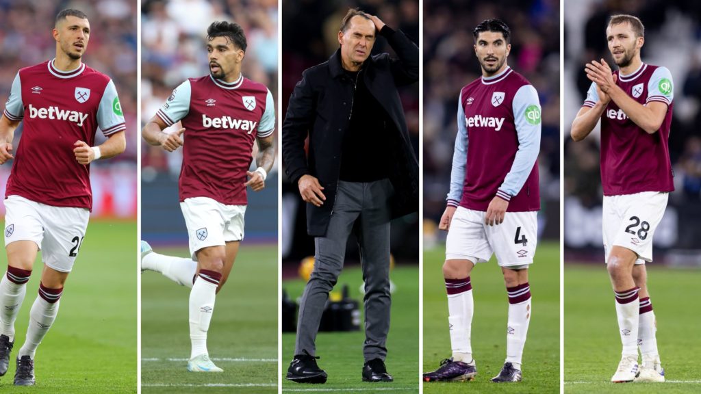 Split image of Carlos Soler, Tomas Soucek, Lucas Paqueta, Guido Rodriguez, and Julen Lopetegui.