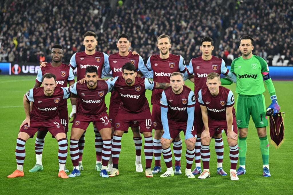 (L-R back row) West Ham United's Ghanaian midfielder #14 Mohammed Kudus, West Ham United's Greek defender #15 Konstantinos Mavropanos, West Ham Uni...