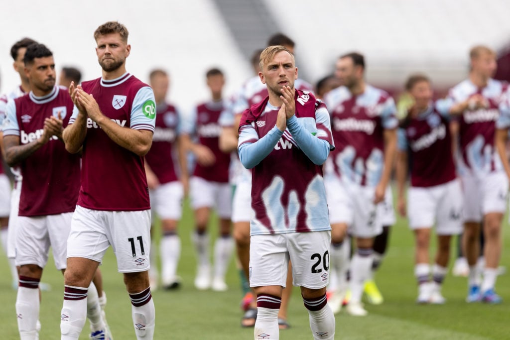 Niclas Füllkrug and Jarrod Bowen of West Ham United applaud the fans after their side's victory during the pre-season friendly match between West H...