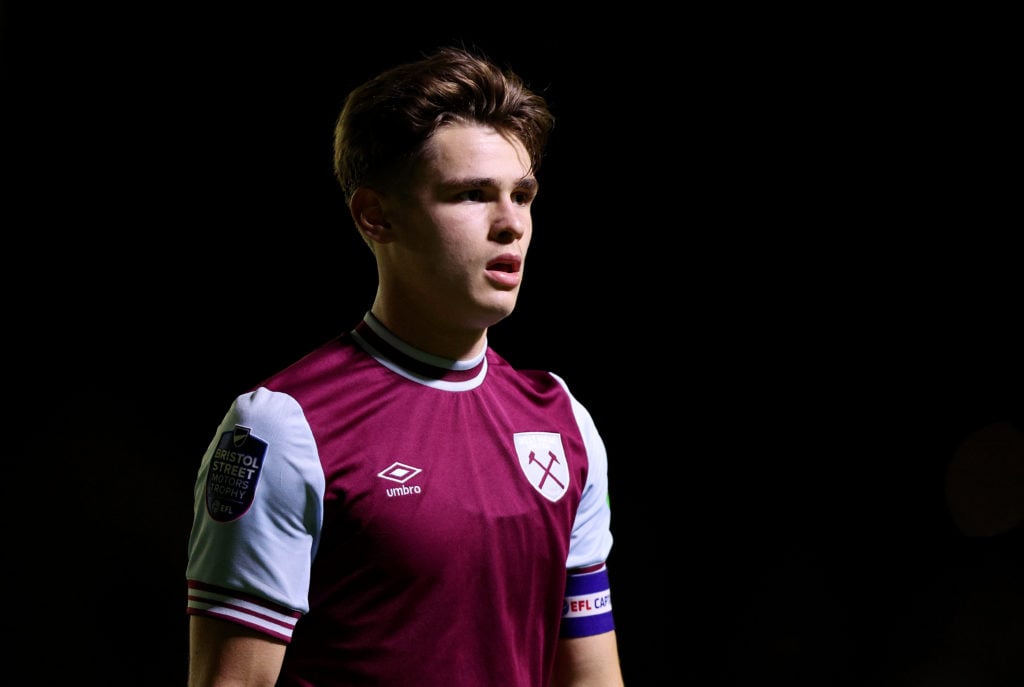 Lewis Orford of West Ham United looks on during the Bristol Street Motors Trophy match between Newport County and West Ham United U21 at Rodney Par...