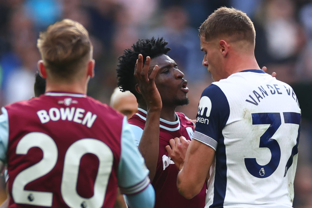 Mohammed Kudus clashes with Micky van de Ven as he is sent off in West Ham's 4-1 defeat at Tottenham Hotspur on October 19, 2024