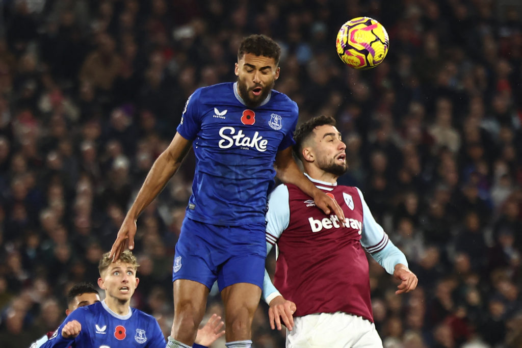 Dominic Calvert-Lewin gets the better of Maximilian Kilman as they fight for the ball during the Premier League clash between West Ham United and Everton