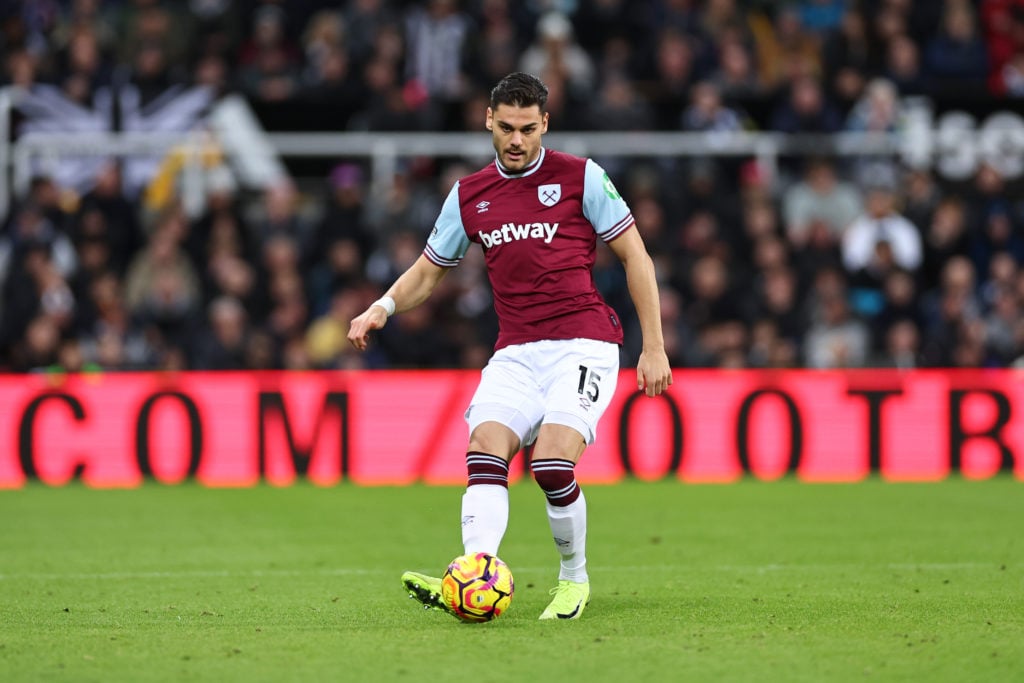 Konstantinos Mavropanos of West Ham United during the Premier League match between Newcastle United FC and West Ham United FC at St James' Park on ...