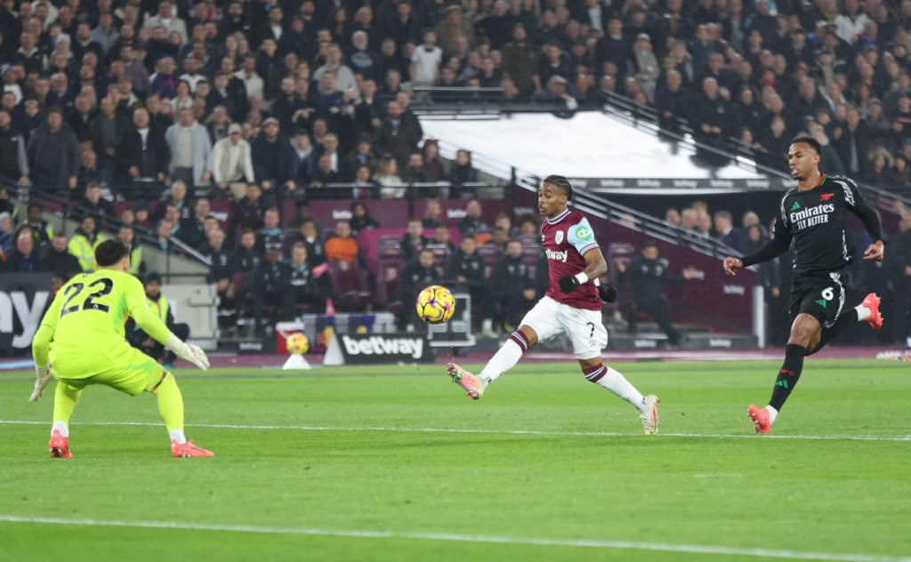 West Ham United's Crysencio Summerville scores but the goal was ruled out for offside during the Premier League match between West Ham United FC an...