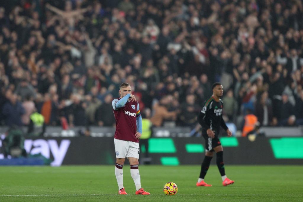 Jarrod Bowen of West Ham United reacts after the fourth goal for Arsenal during the Premier League match between West Ham United FC and Arsenal FC ...