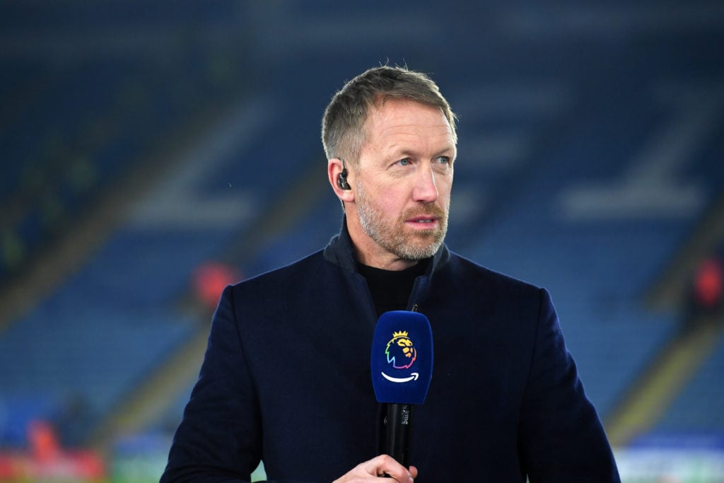 Graham Potter during a piece to camera pitch side inside King Power Stadium before the Premier League match between Leicester City and West Ham Uni...