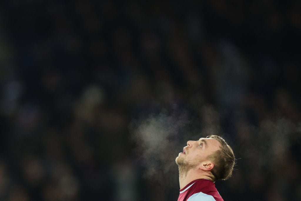 West Ham United's English striker #20 Jarrod Bowen reacts during the English Premier League football match between Leicester City and West Ham Unit...