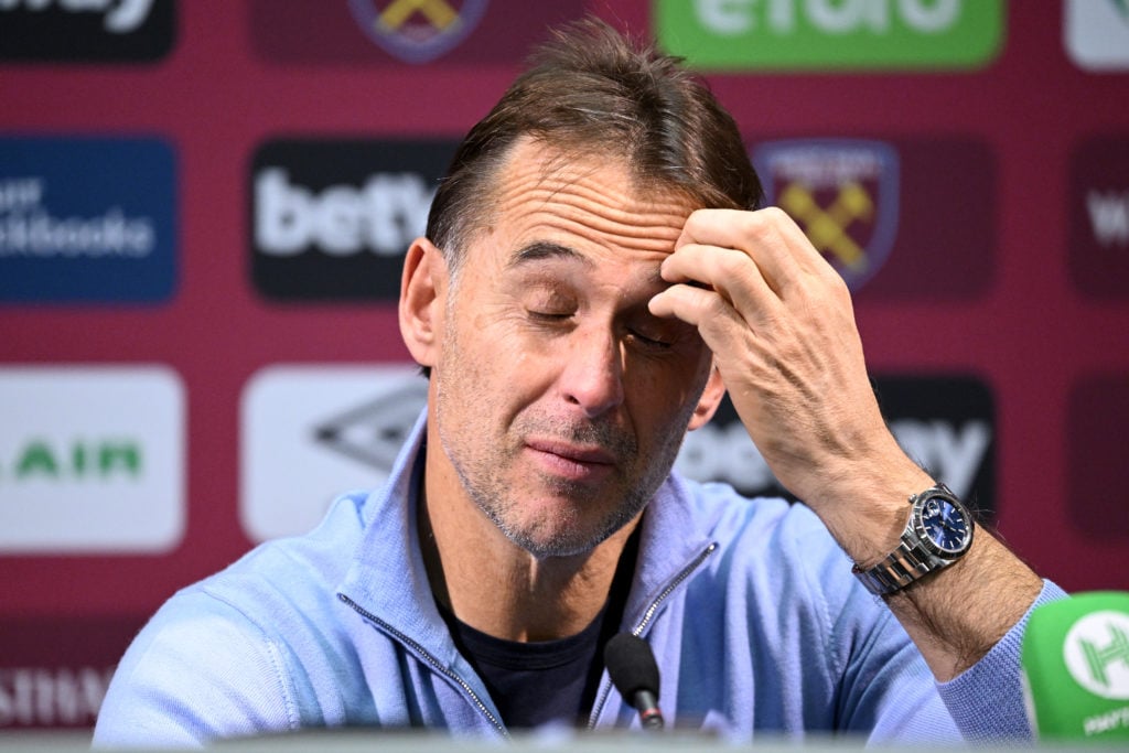 Julen Lopetegui, Manager of West Ham United speaks in a press conference after the Premier League match between West Ham United FC and Arsenal FC a...