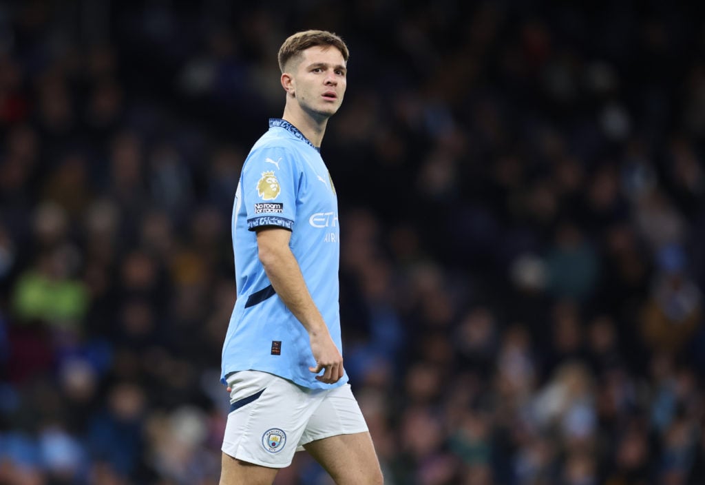 James McAtee of Manchester City in action during the Premier League match between Manchester City FC and Nottingham Forest FC at Etihad Stadium on ...