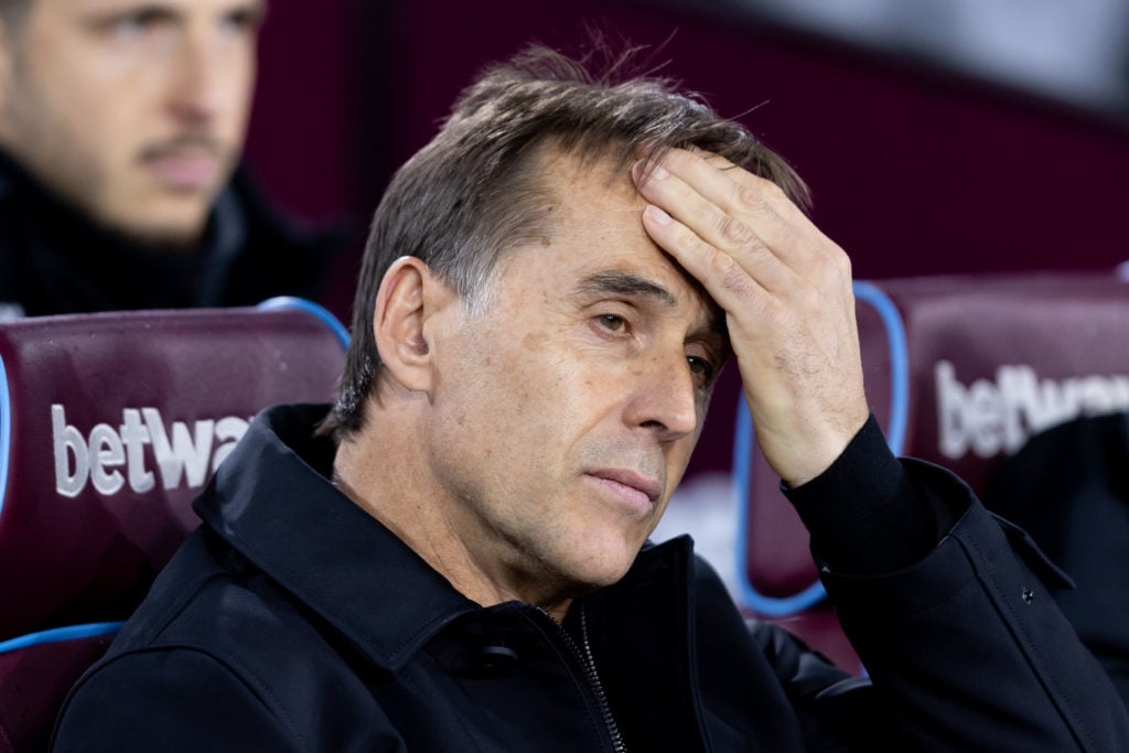 Manager Julen Lopetegui of West Ham United gestures during the Premier League match between West Ham United FC and Wolverhampton Wanderers FC at Lo...