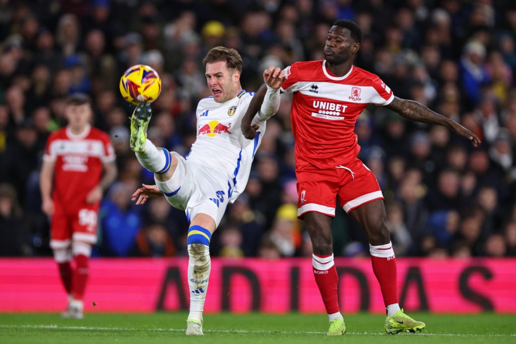 Joe Rodon of Leeds United and Emmanuel Latte Lath of Middlesbroughduring the Sky Bet Championship match between Leeds United FC and Middlesbrough F...