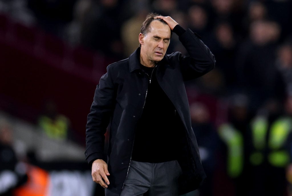 Julen Lopetegui, Manager of West Ham United, reacts during the Premier League match between West Ham United FC and Wolverhampton Wanderers FC at Lo...