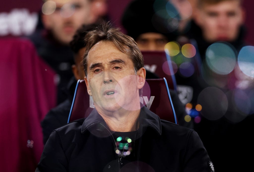 Julen Lopetegui, manager of West Ham United looks on ahead of the Premier League match between West Ham United FC and Wolverhampton Wanderers FC at...