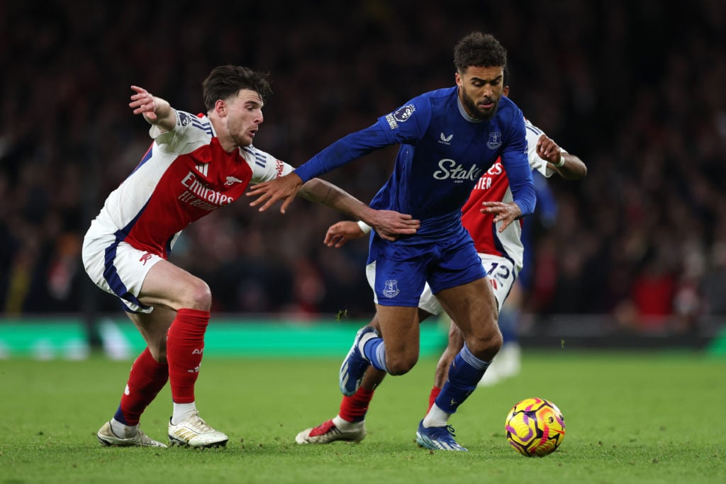 Dominic Calvert-Lewin up against Declan Rice during Arsenal FC v Everton FC in the Premier League