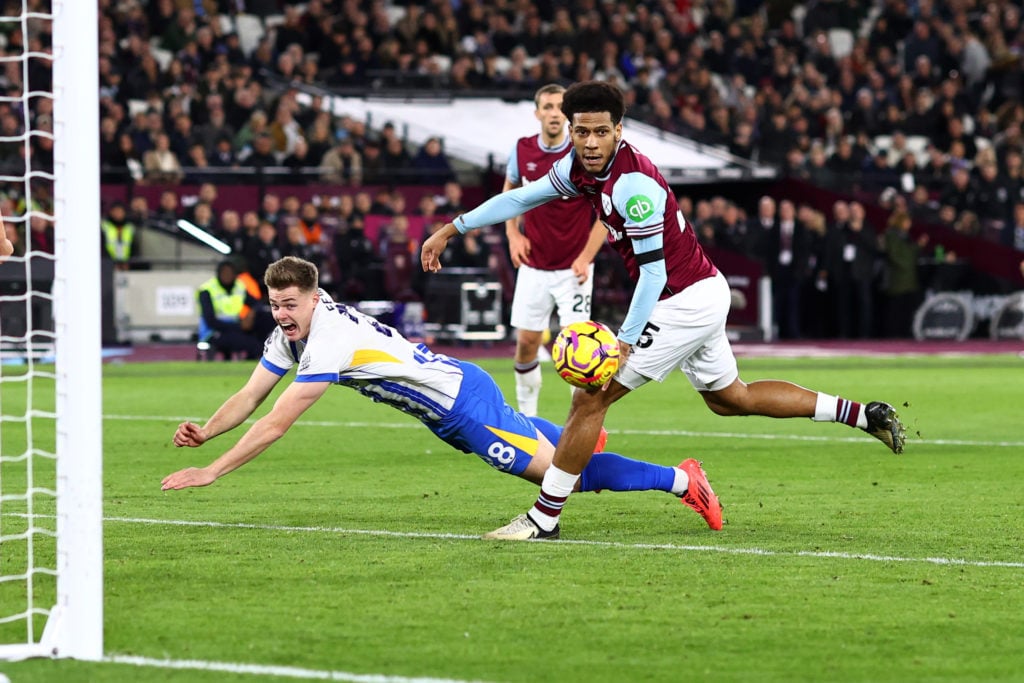 Evan Ferguson of Brighton & Hove Albion and Jean-Clair Todibo of West Ham United during the Premier League match between West Ham United FC and...