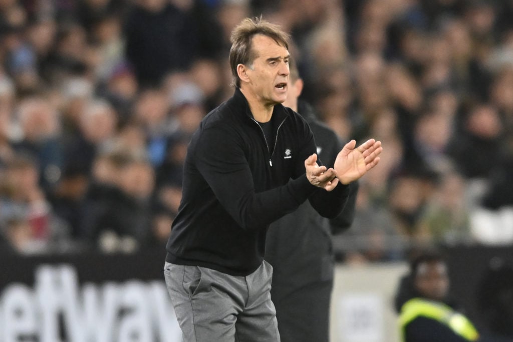 Manager Julen Lopetegui applauds his players during the Premier League match between West Ham United and Brighton and Hove Albion at the London Sta...