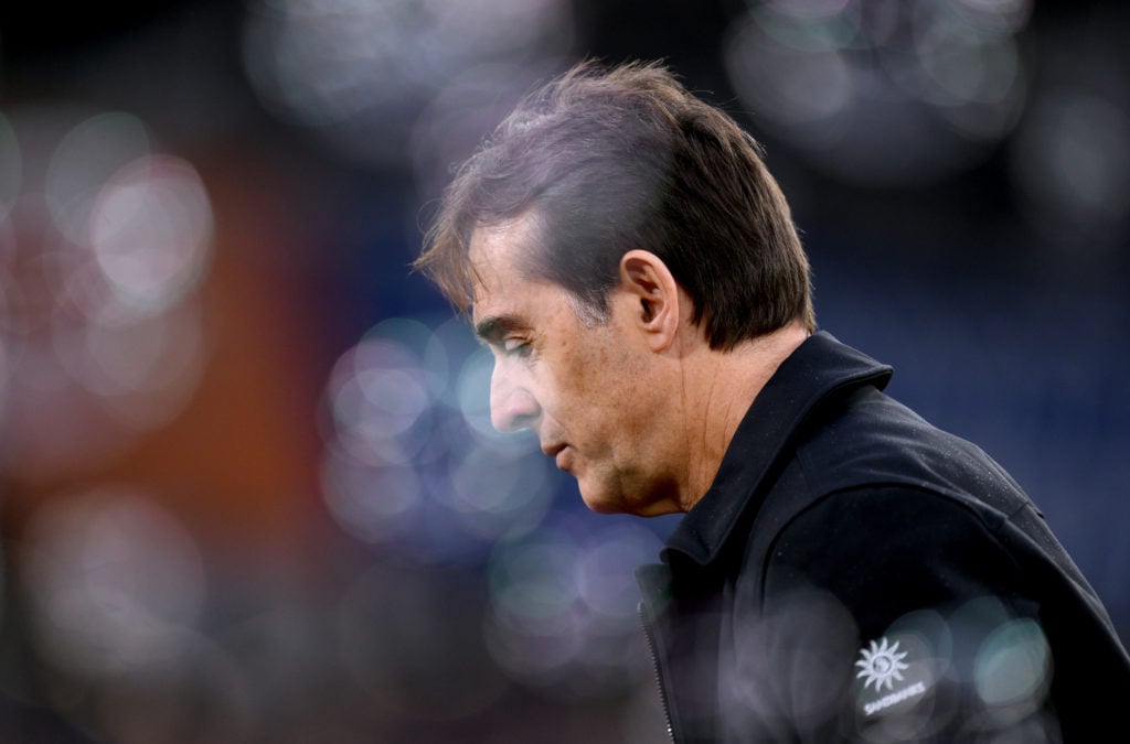 Julen Lopetegui, Manager of West Ham United, looks on prior to the Premier League match between West Ham United FC and Brighton & Hove Albion F...