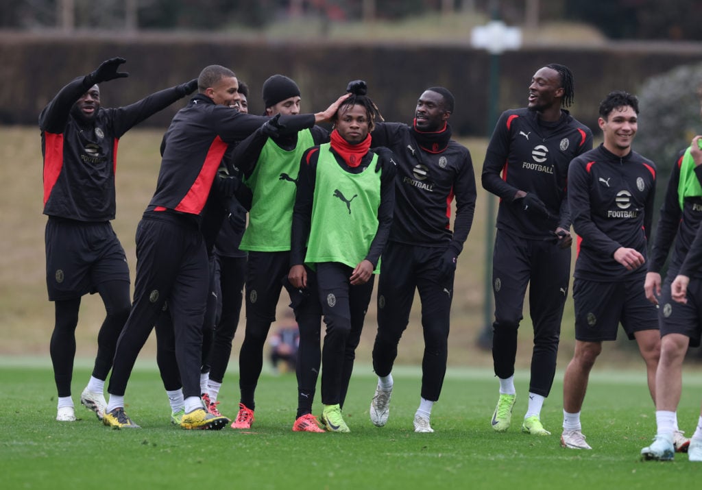 Youssouf Fofana, Malick Thiaw, Alvaro Morata, Samuel Chukwueze, Fikayo Tomori and Tammy Abraham of AC Milan react during a AC Milan training sessio...