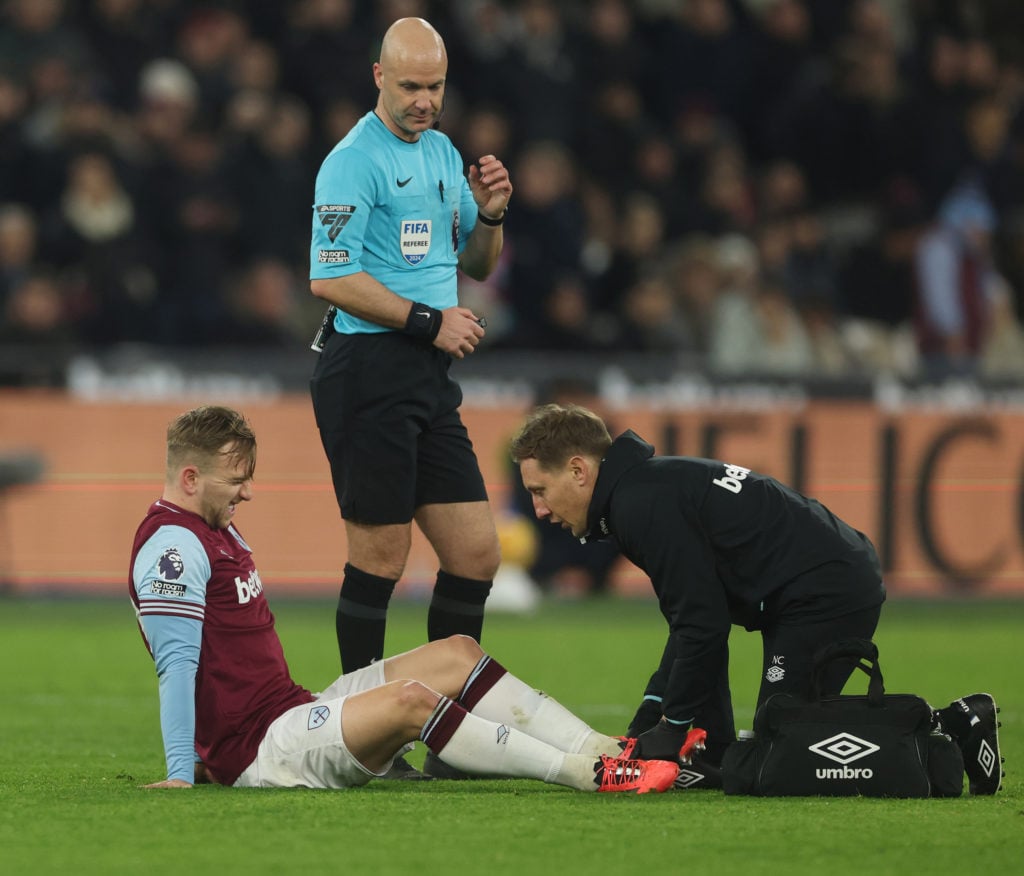 Jarrod Bowen of West Ham injury  during the Premier League match between West Ham United FC and Liverpool FC at London Stadium on December 29, 2024...