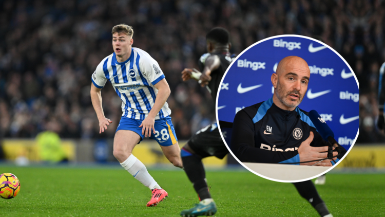 Evan Ferguson of Brighton & Hove Albion in action during the Premier League match and Head Coach Enzo Maresca of Chelsea during a press conference ...