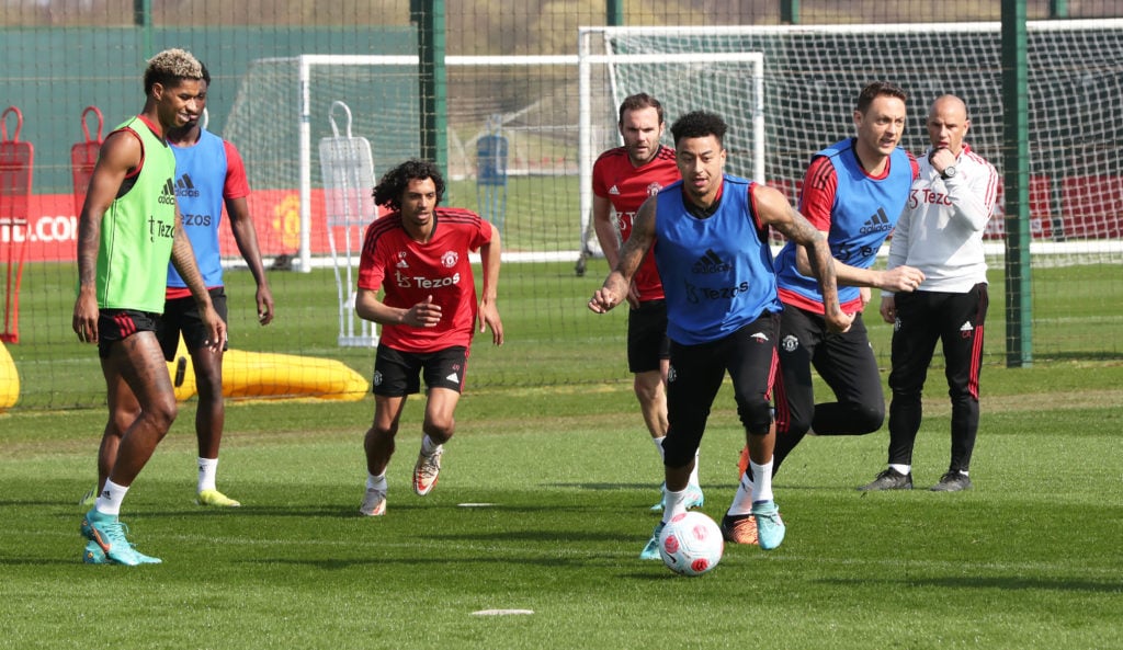 (EXCLUSIVE COVERAGE) Marcus Rashford and Jesse Lingard of Manchester United in action during a first team training session at Carrington Training G...