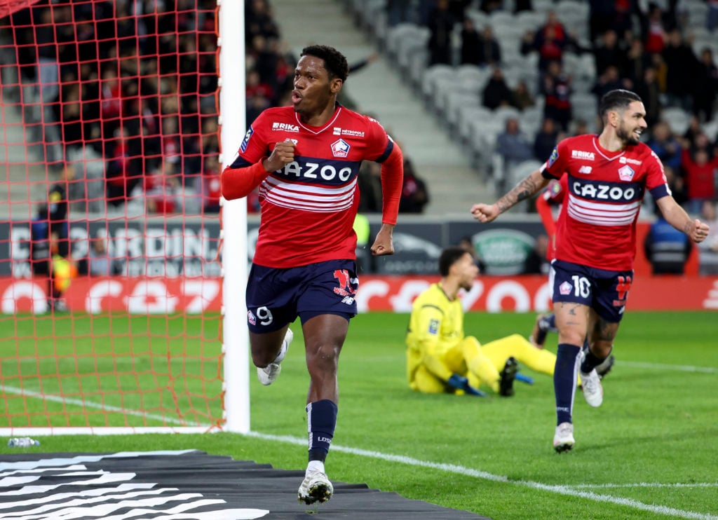 Jonathan David of Lille celebrates his goal during the Ligue 1 match between Lille OSC (LOSC) and Stade Reims at Stade Pierre-Mauroy on January 2, ...