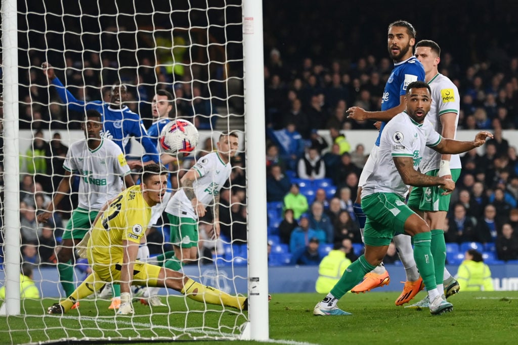 Dwight McNeil of Everton scores the team's first goal direct from a corner kick 
during the Premier League match between Everton FC and Newcastle U...