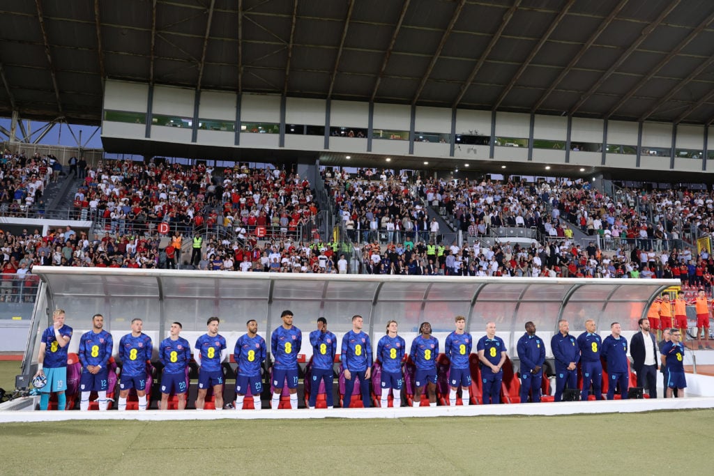 England substitutes stand for the national anthem prior to the UEFA EURO 2024 qualifying round group C match between Malta and England at Ta' Qali ...