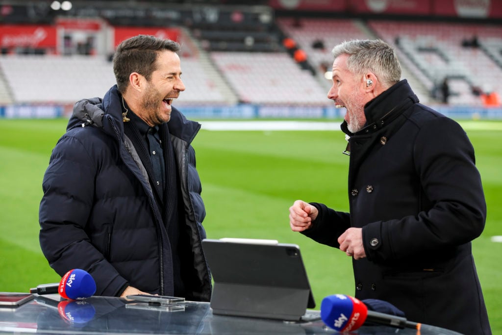 Former Liverpool players, now a Sky pundits, Jamie Redknapp (L) and Jamie Carragher share a joke before the Premier League match between AFC Bourne...