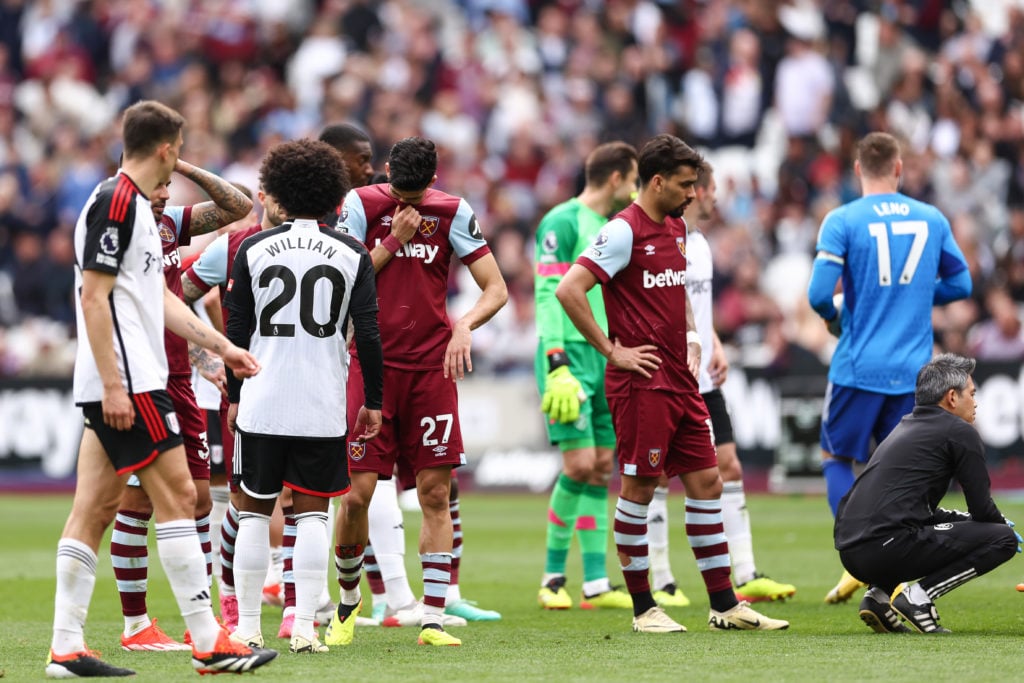 Nayef Aguerd of West Ham reacts after George Earthy of West Ham United collapses during the Premier League match between West Ham United and Fulham...