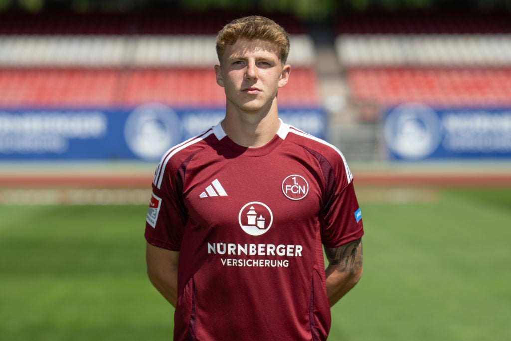 Finn Jeltsc of 1. FC Nürnberg poses during the team presentation at Max-Morlock-Stadion on July 08, 2024 in Nuremberg, Germany.