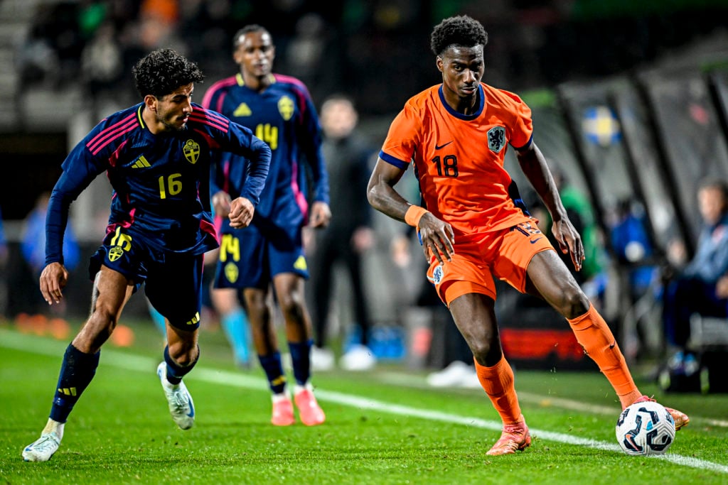 Sweden player Ahmed Qasem and Netherlands player Ezechiel Banzuzi participate in the match between Netherlands U21 and Sweden U21 at the Goffertsta...