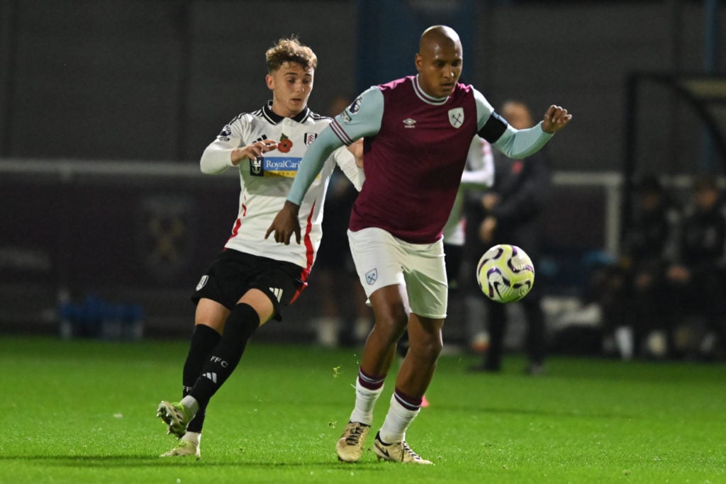 Luizao (6 West Ham) controls the ball during the Premier League 2 match between West Ham United and Fulham at Rush Green, Romford, on November 1, 2...