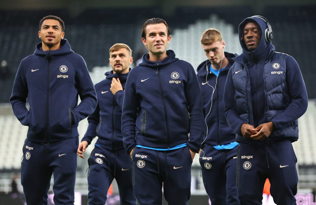 Levi Colwill, Ben Chilwell and Noni Madueke of Chelsea interact during a pitch inspection prior to the Carabao Cup Fourth Round match between Newca...