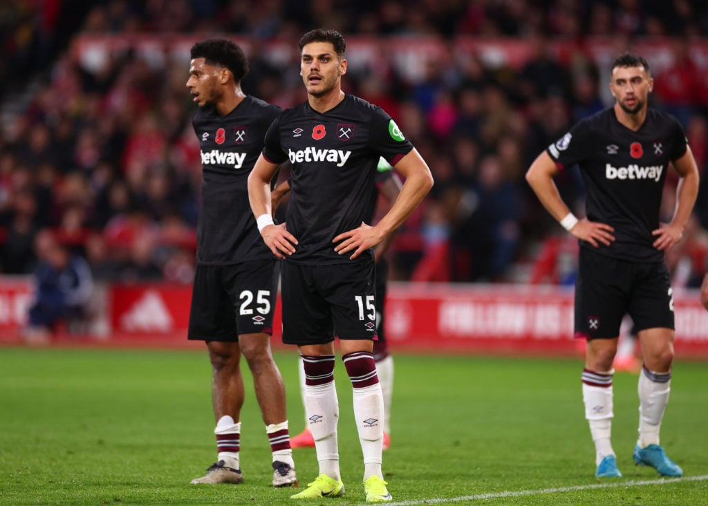 Konstantinos Mavropanos, Jean-Clair Todibo and Maximilian Kilman of West Ham United look on during the Premier League match between Nottingham Fore...