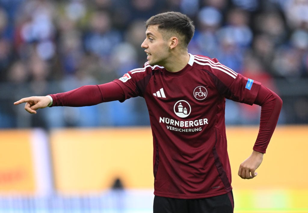 Stefanos Tzimas of Nuernberg gestures during the Second Bundesliga match between Hamburger SV and 1. FC Nürnberg at Volksparkstadion on November 03...