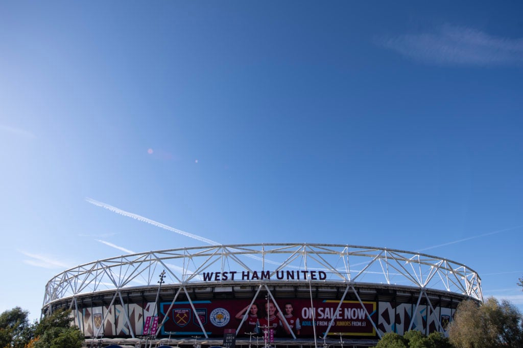 General view outside of the stadium prior to the Premier League match between West Ham United FC and Manchester United FC at London Stadium on Octo...