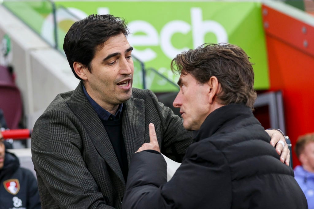 Head Coaches Andoni Iraola of Bournemouth with Thomas Frank of Brentford before the Premier League match between Brentford FC and AFC Bournemouth a...