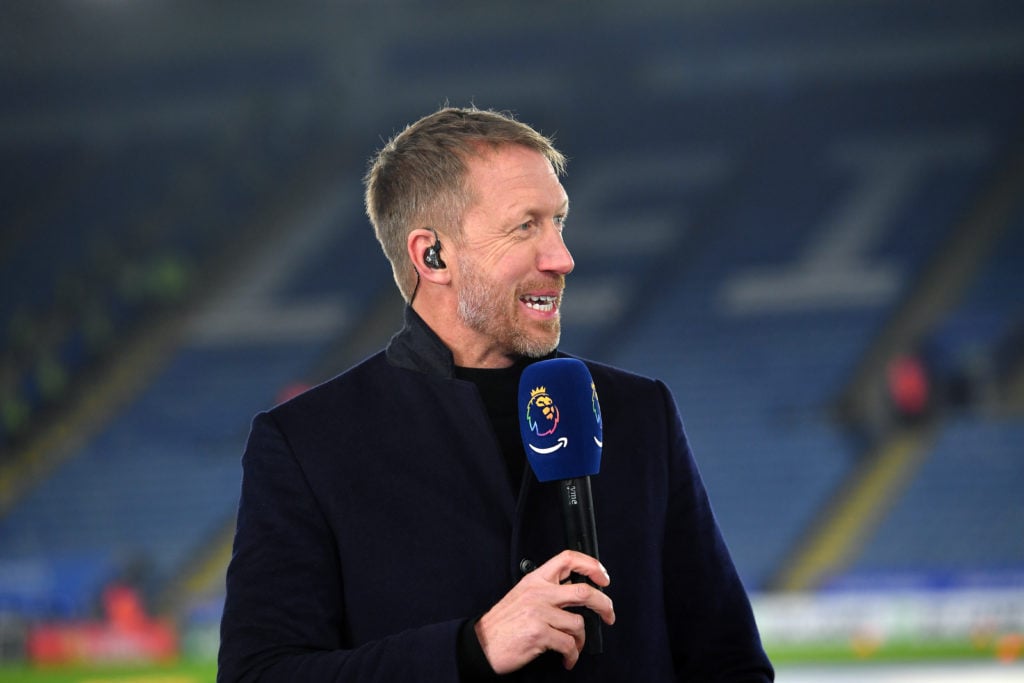 Graham Potter during a piece to camera pitch side inside King Power Stadium before the Premier League match between Leicester City and West Ham Uni...