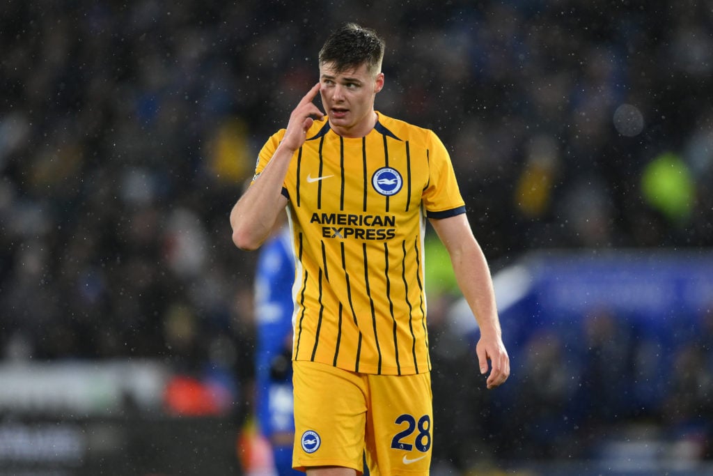 Evan Ferguson of Brighton participates in the Premier League match between Leicester City and Brighton and Hove Albion at the King Power Stadium in...