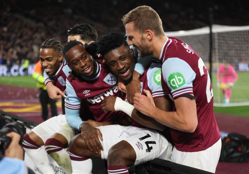 West Ham United's Mohammed Kudus celebrates with Tomas Soucek, Aaron Wan-Bissaka and Crysencio Summerville but the goal was disallowed during the P...