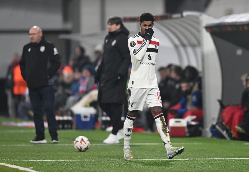 Marcus Rashford of Manchester United reacts after being substituted off during the UEFA Europa League 2024/25 League Phase MD6 match between FC Vik...