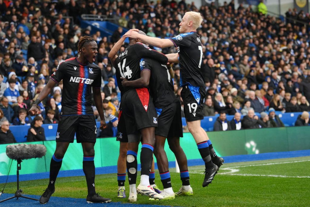 Ismaila Sarr of Crystal Palace celebrates scoring his team's second goal with teammates during the Premier League match between Brighton & Hove...