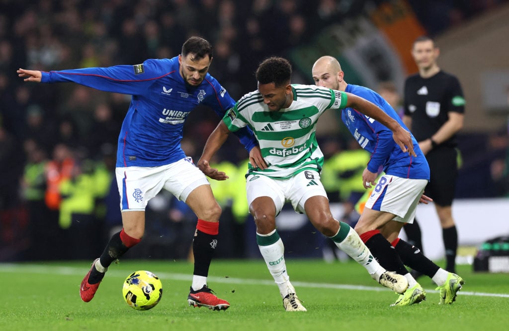 Auston Trusty of Celtic is challenged by Nedim Bajrami and Vaclav Cerny of Rangers FC during the Premier Sports Cup Final between Celtic and Ranger...